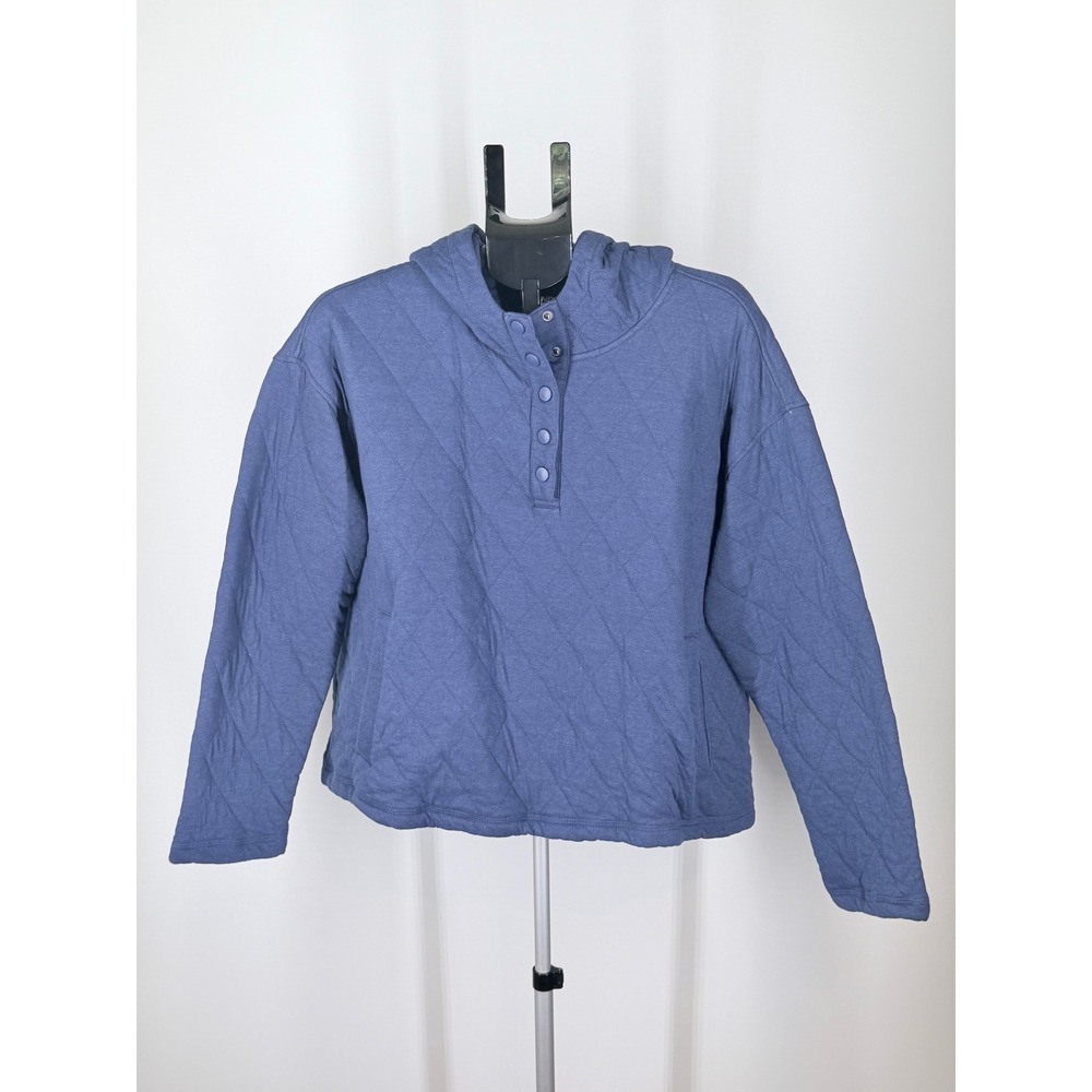 Lands End Womens XXL Blue Quilted Snap Neck Hoodie Sweatshirt